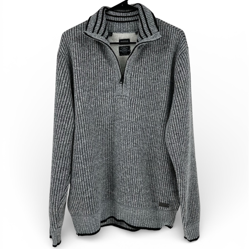 Buffalo David Bitton Fleece Lined Quarter Zip Sweater Gray Thick Knit LG EUC!!!